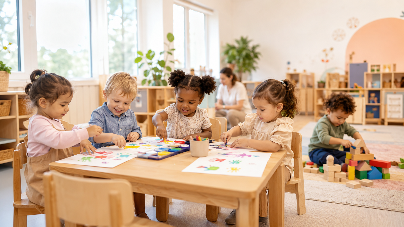 Young children enjoying creative play together in a bright classroom